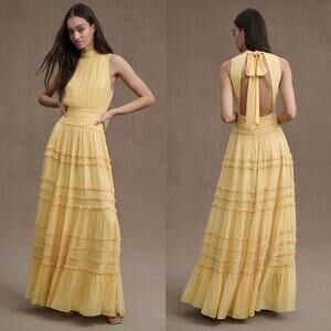BHLDN Juniper Metallic Tiered Backless High Neck Gown Light Yellow Size 12